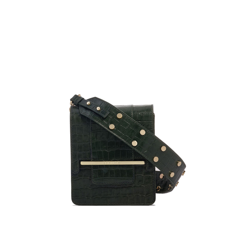 Box bag in forrest green croc embossed leather