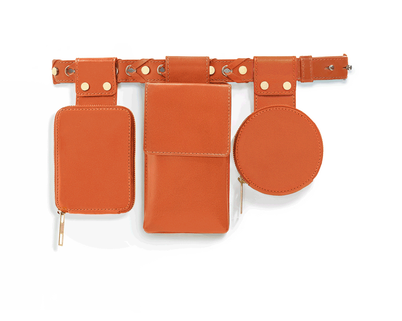 Phone case in forrest green full grain smooth leather attached to belt bag