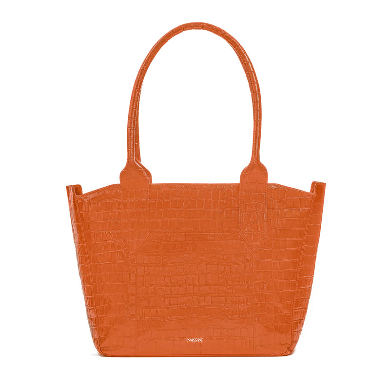 Tote bag in orange croc embossed leather