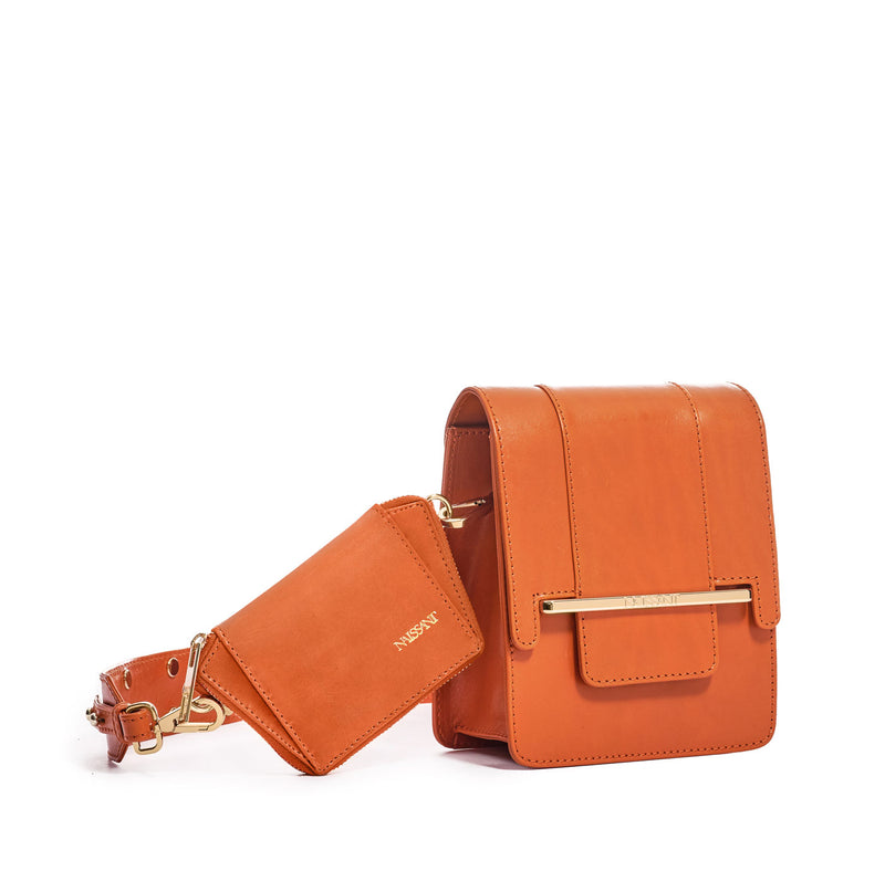 Box bag in orange full grain smooth leather and wallet
