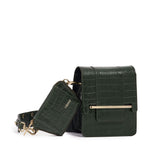 Box bag in forrest green croc embossed leather and wallet