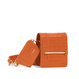 Box bag in orange croc embossed leather and wallet
