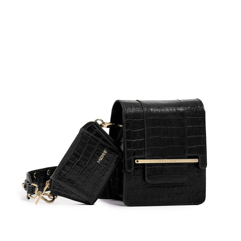 Box bag in black croc embossed leather and wallet 